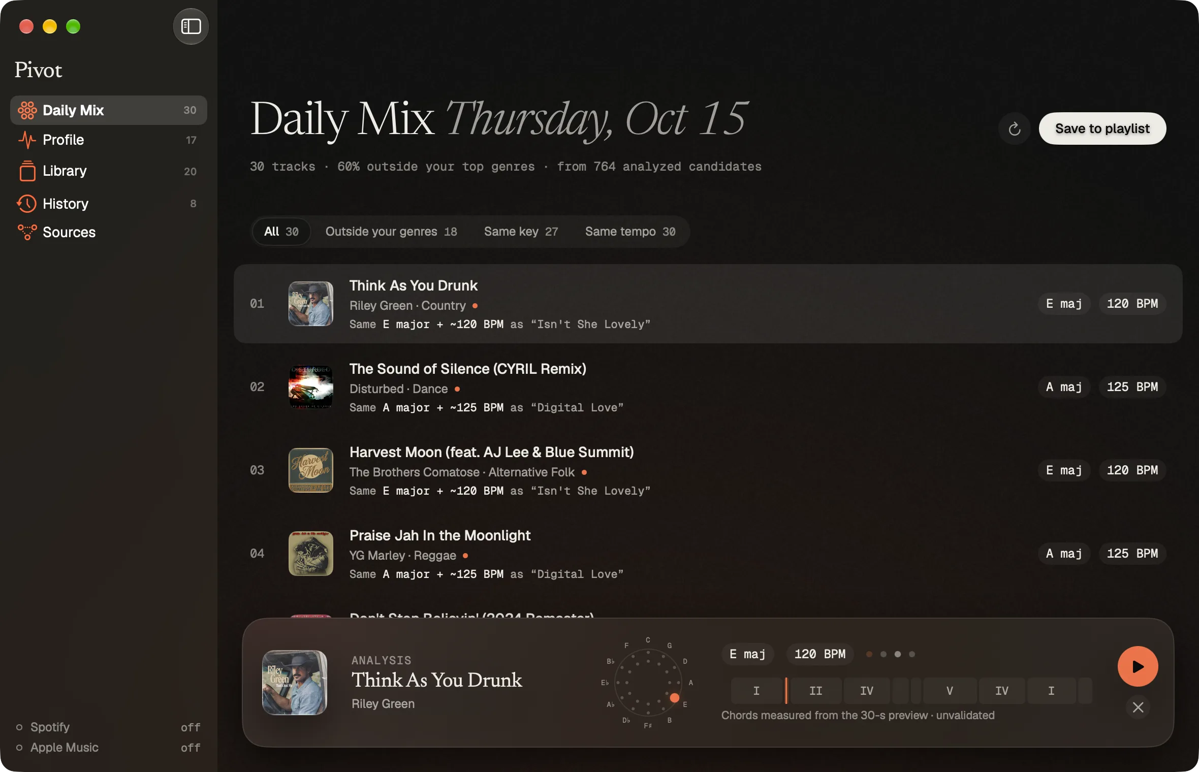 Pivot Daily Mix screen with the analysis panel open: key dial, tempo pulse and chord strip
